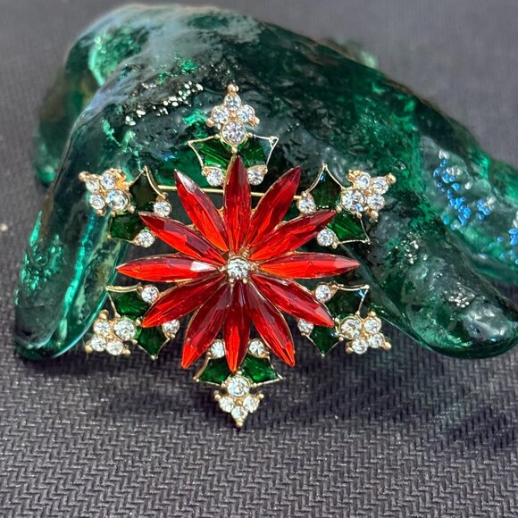 Christmas Holiday Poinsettia Rhinestone Brooch - Picture 2 of 4